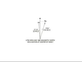 Declination diagram showing true north, magnetic north, and grid north for this sheet and date