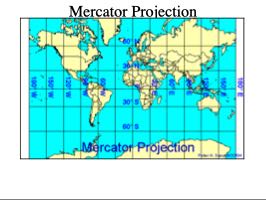 The Mercator projection of the world, with the characteristic grid of straight vertical meridians and curved horizontal parallels