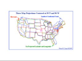 Three map projections — Mercator, Lambert Conformal Conic, and un-projected lat/lon — overlaid on the same map of the continental United States, showing how they diverge
