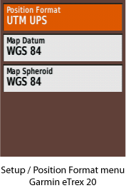 Typical GPS receiver Setup menu showing the Position Format and Map Datum fields side by side, illustrating that these are two independent settings the user must configure