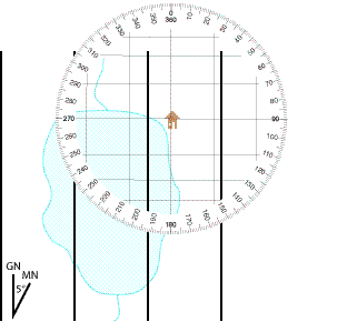 Step 3: rotating the protractor so its 0°–180° lines align with the map's north reference lines