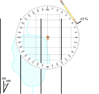 Step 4: marking the map at the protractor's edge at 65° Grid