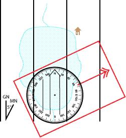 Step 2: aligning the capsule's meridian lines with the map's north reference lines; the magnetic needle is ignored