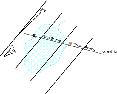 Done: the back bearing along the compass edge crosses the shoreline at your location