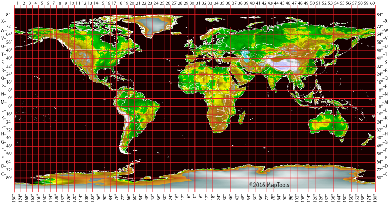 World map showing all 60 UTM zones, numbered 1 to 60 starting at the international date line and proceeding east